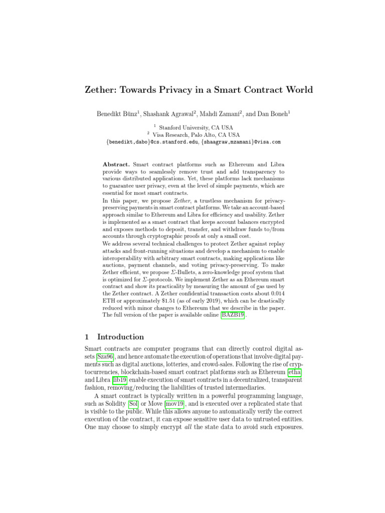Zether: Privacy-Preserving Payments in Smart Contracts | PDF | Public ...