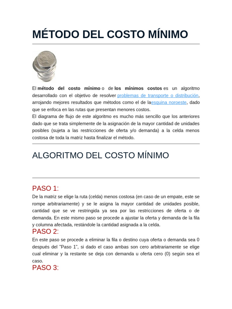 Método de Costo Mínimo en Transporte | PDF | Algoritmos | Matemáticas ...