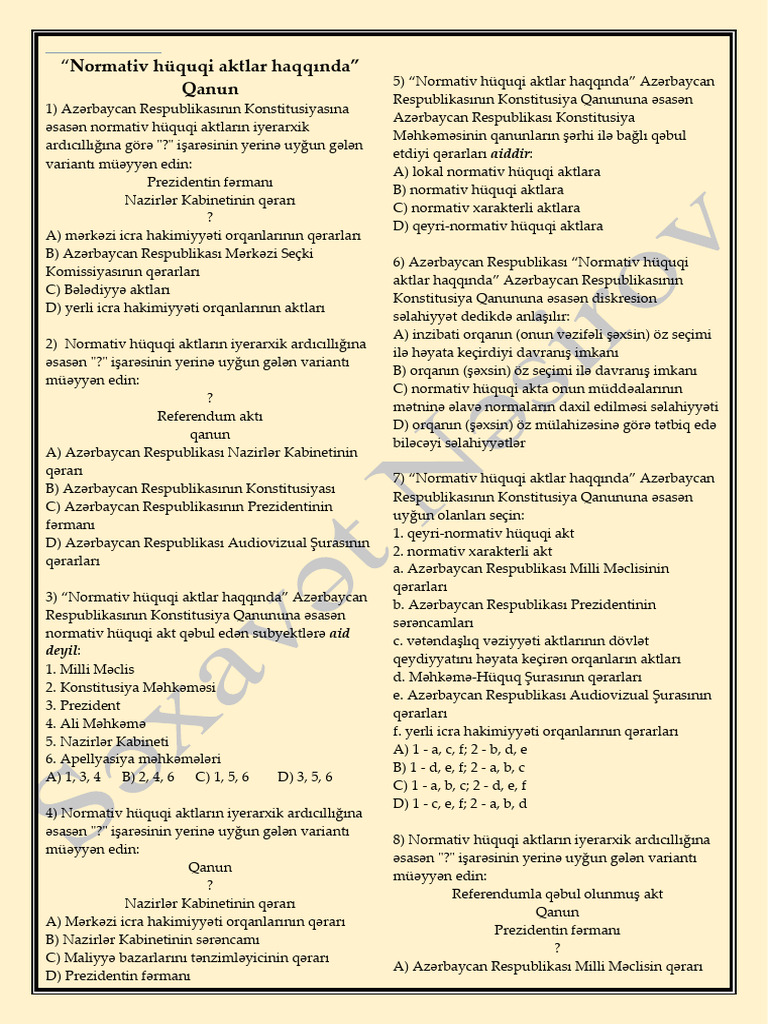 Normativ Hüquqi Aktlar Haqqında Qəbul Sualları | PDF