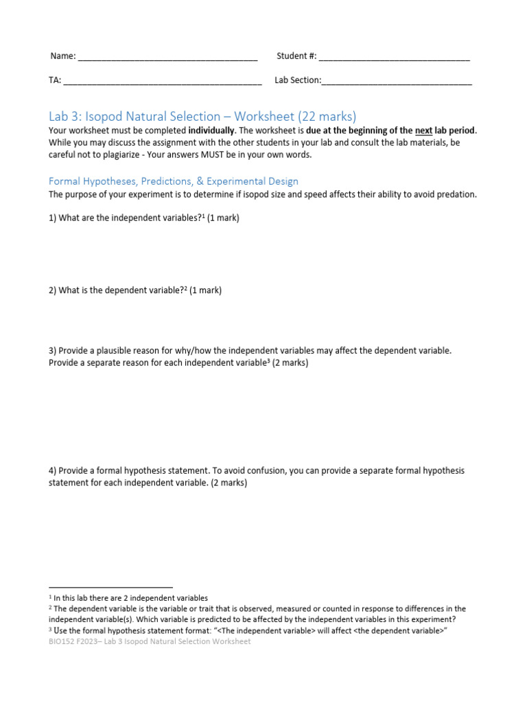 BIO152+F2023+Lab+3+Natural+Selection+-+Worksheet | PDF | Hypothesis ...