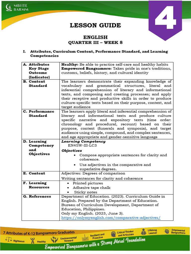 Curriculum Guide for English Grade 4 | PDF | Curriculum