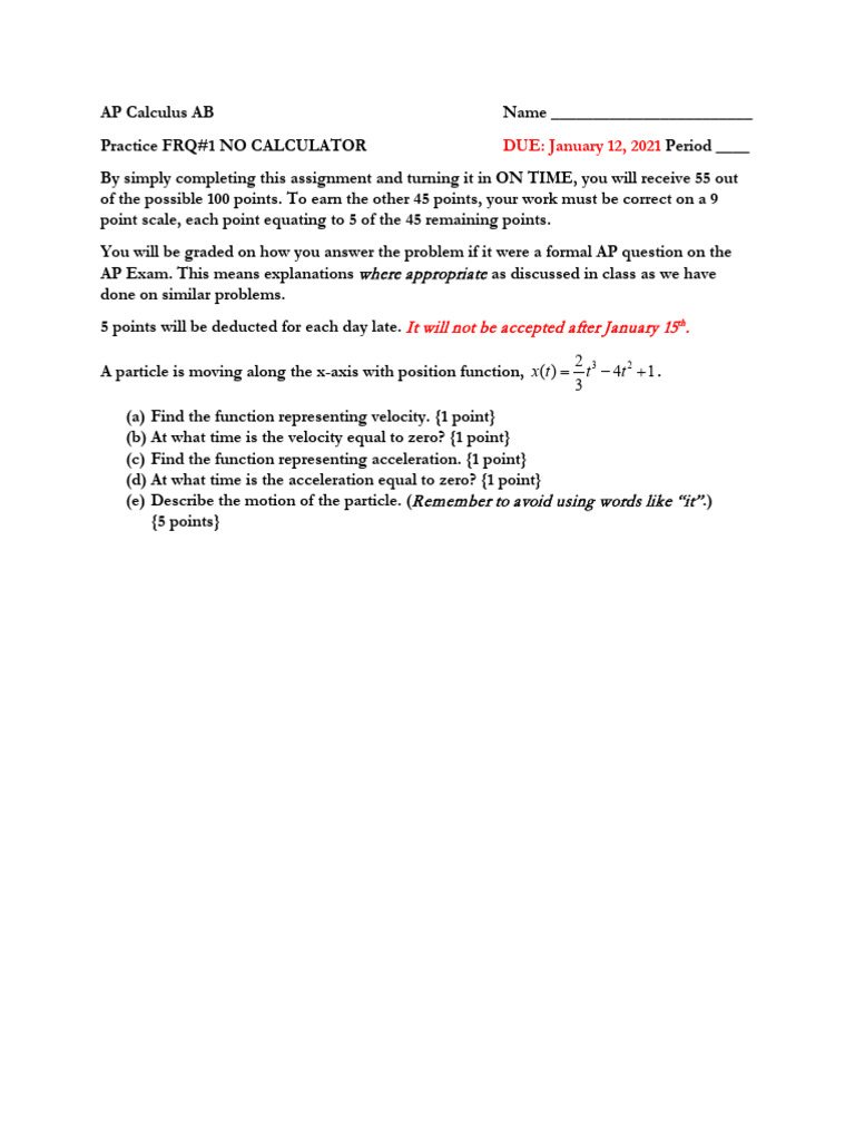 AP Calculus Particle Motion Worksheet | PDF