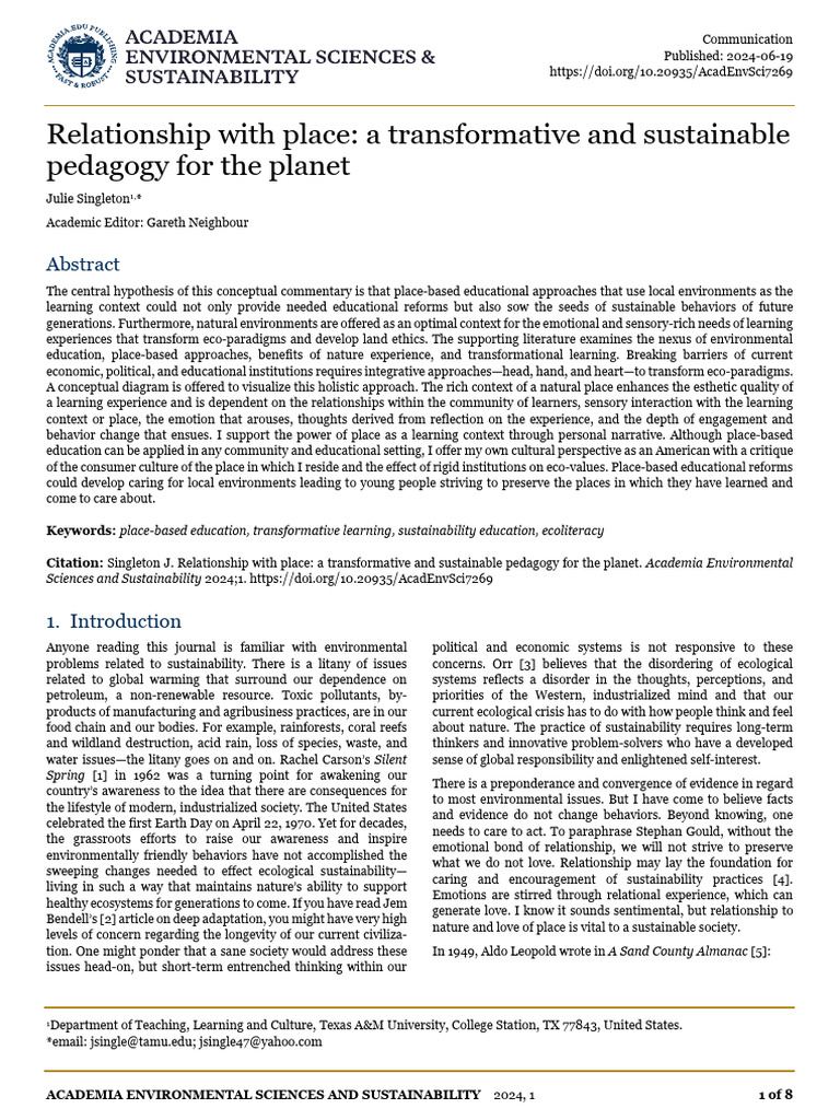 Transformative Place-Based Education for Sustainability | PDF ...