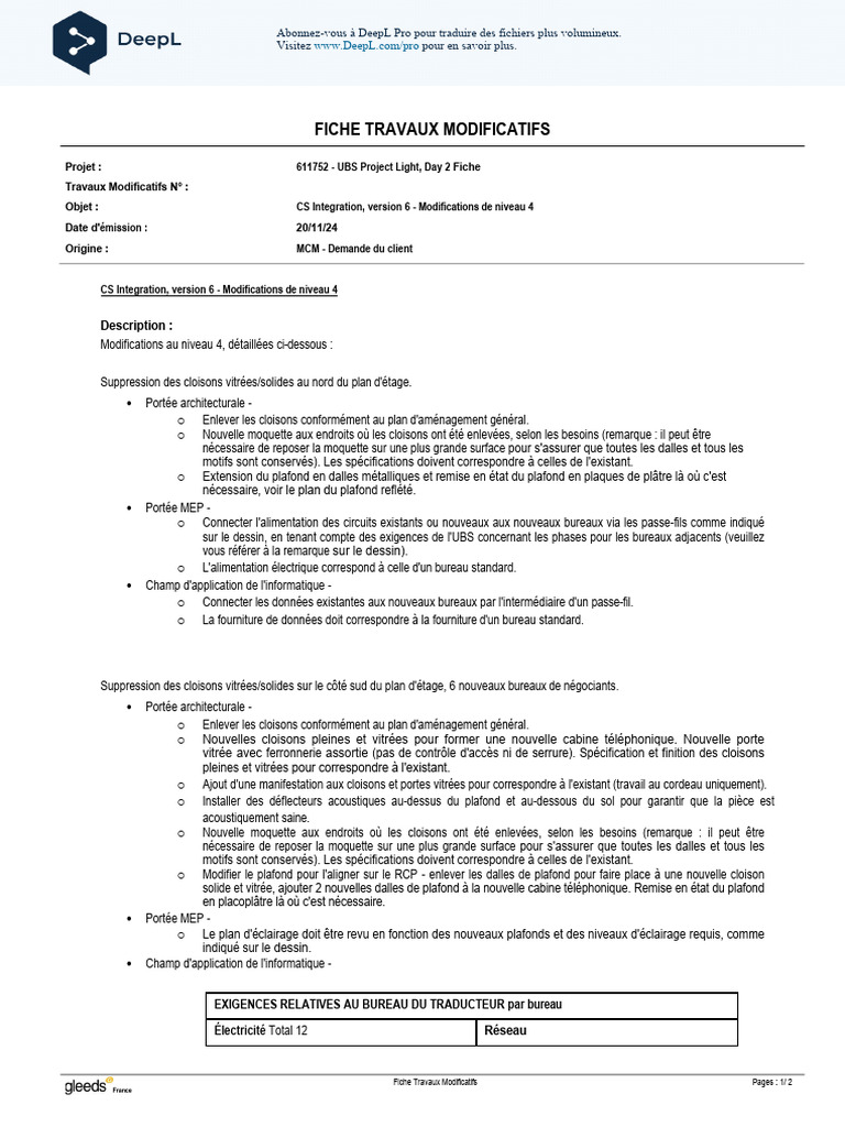 Modifications Fiche Travaux UBS 611752 | PDF