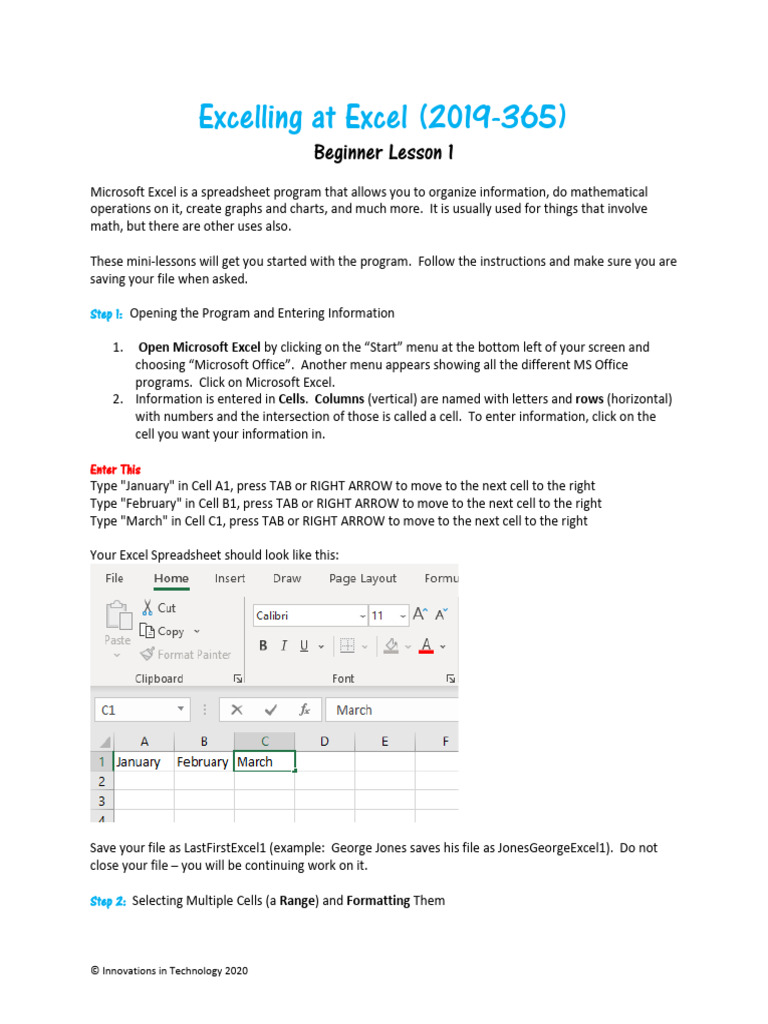 Excel Beginner Lesson 1 Guide | PDF | Microsoft Excel | Spreadsheet