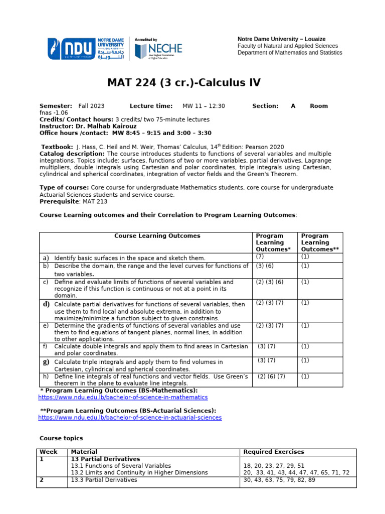 Calculus IV Course Syllabus | PDF | Integral | Gradient