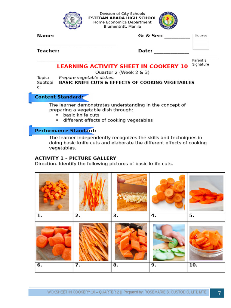 Cookery 10: Knife Cuts & Vegetable Cooking | PDF | Cooking | Food And ...