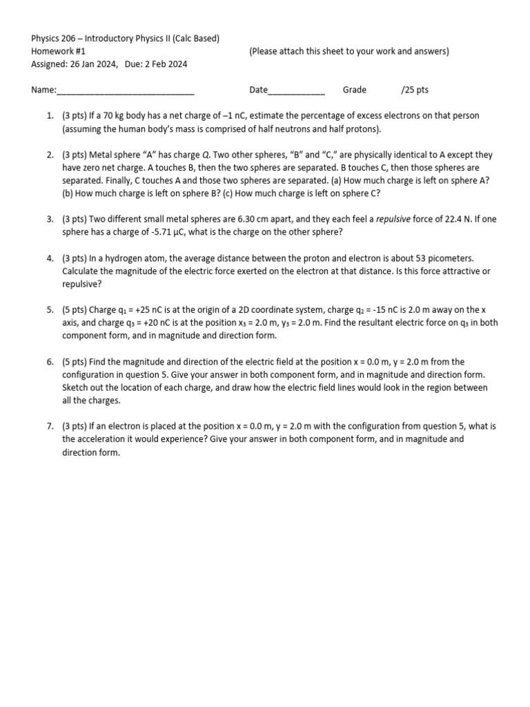 Physics 206 Homework 1: Electric Forces & Fields | PDF