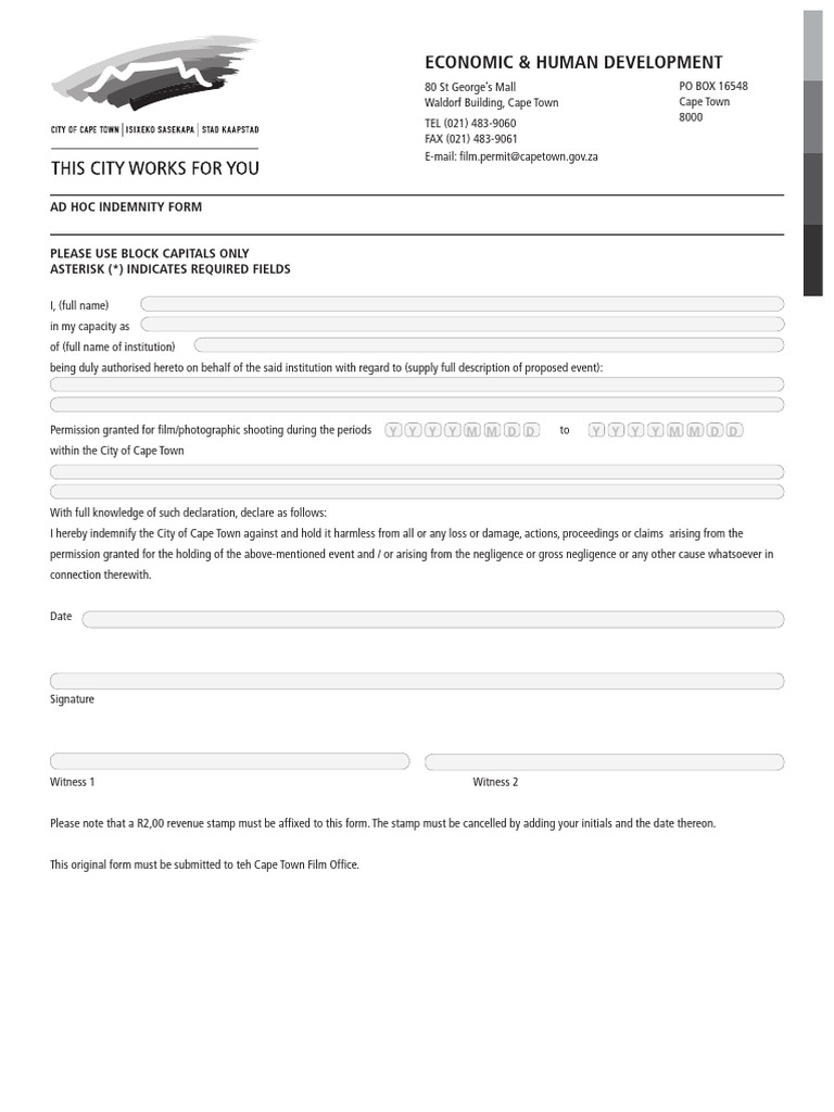 Cape Town Film Permit Indemnity Form | PDF
