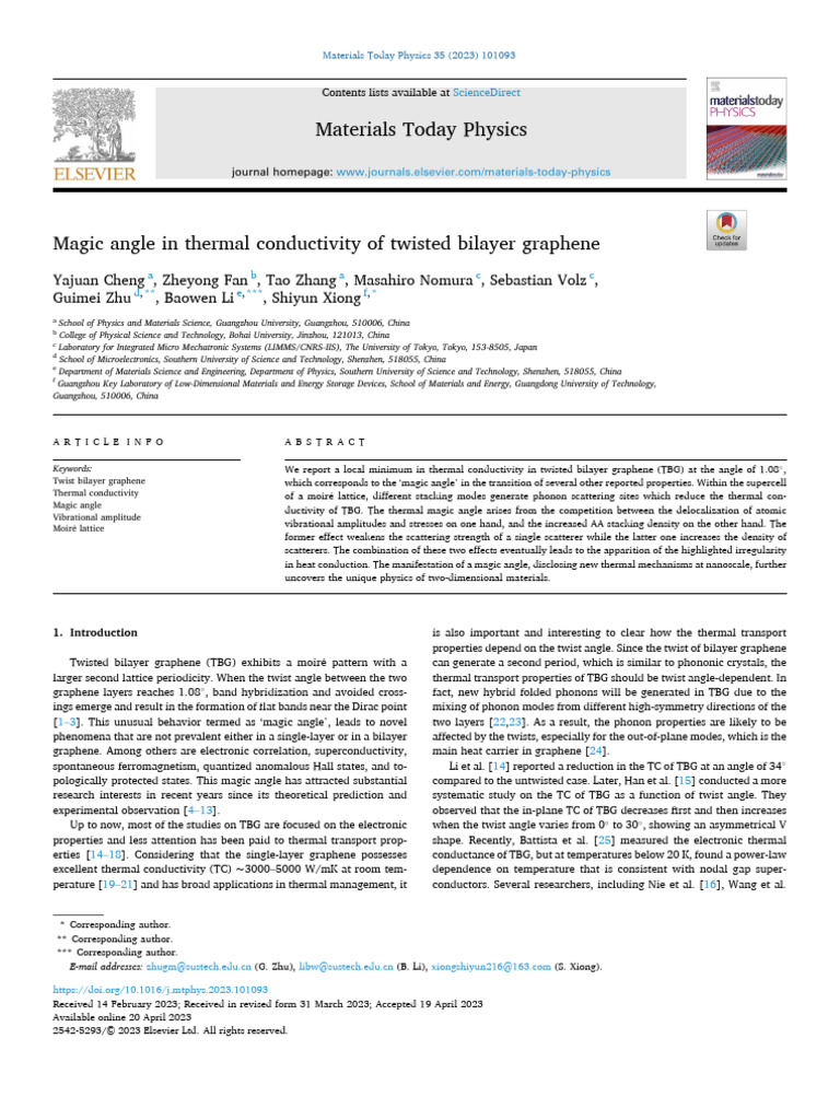 Magic Angle in Thermal Conductivity of Twisted Bilayer Graphene | PDF ...