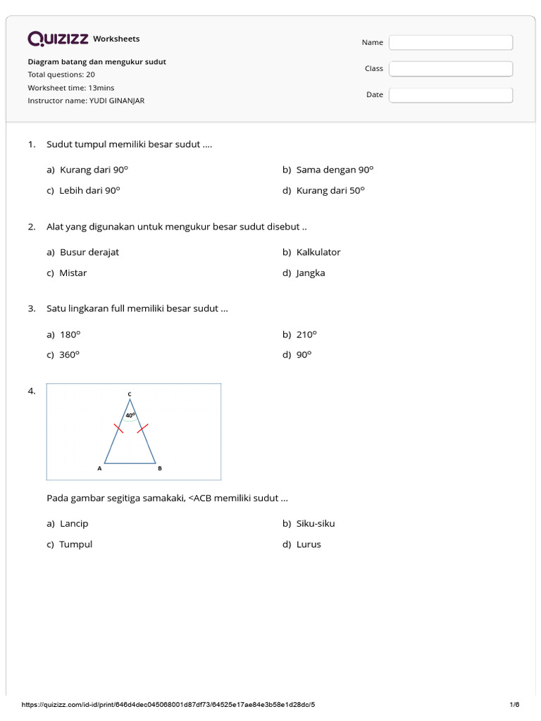Quizizz - Diagram batang dan mengukur sudut | PDF