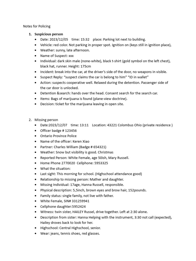 Policing Notes: Suspicious Activity & Missing Person | PDF