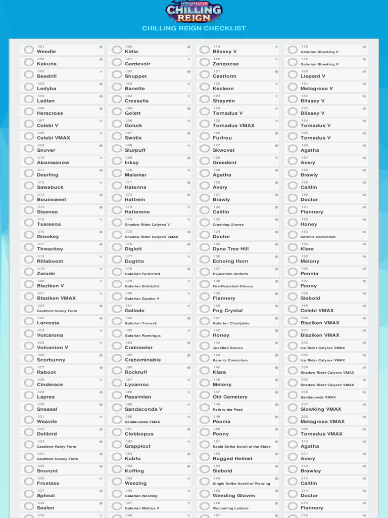 chilling reign card list pokémon Sword & Shield