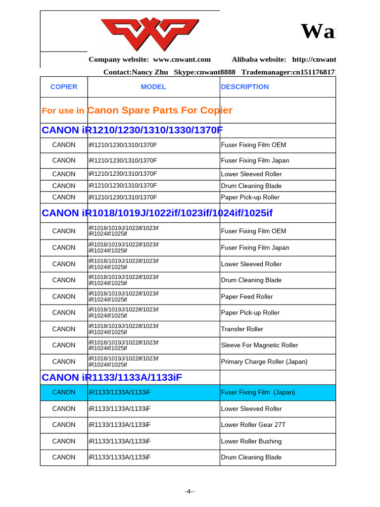 Want Group Limited: Canon Spare Parts For Copier | PDF | Office ...