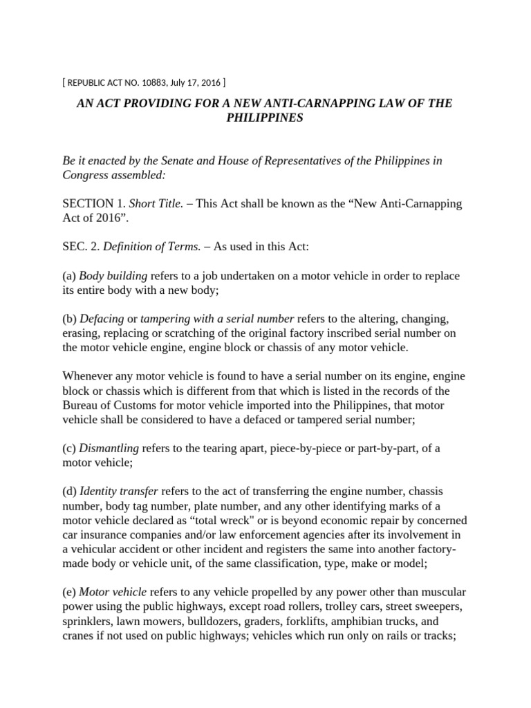 New Anti-Carnapping Act of 2016 | PDF | Carjacking | Crimes