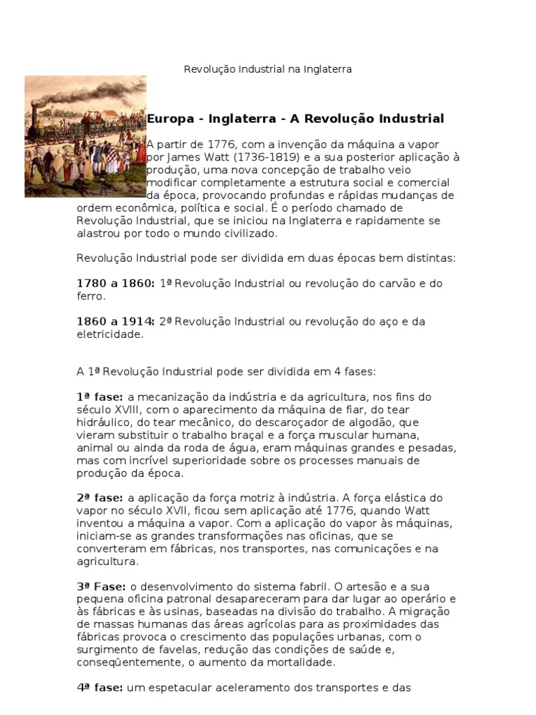 Revolução Industrial Na Inglaterra e Primeiras Fabricas | PDF ...