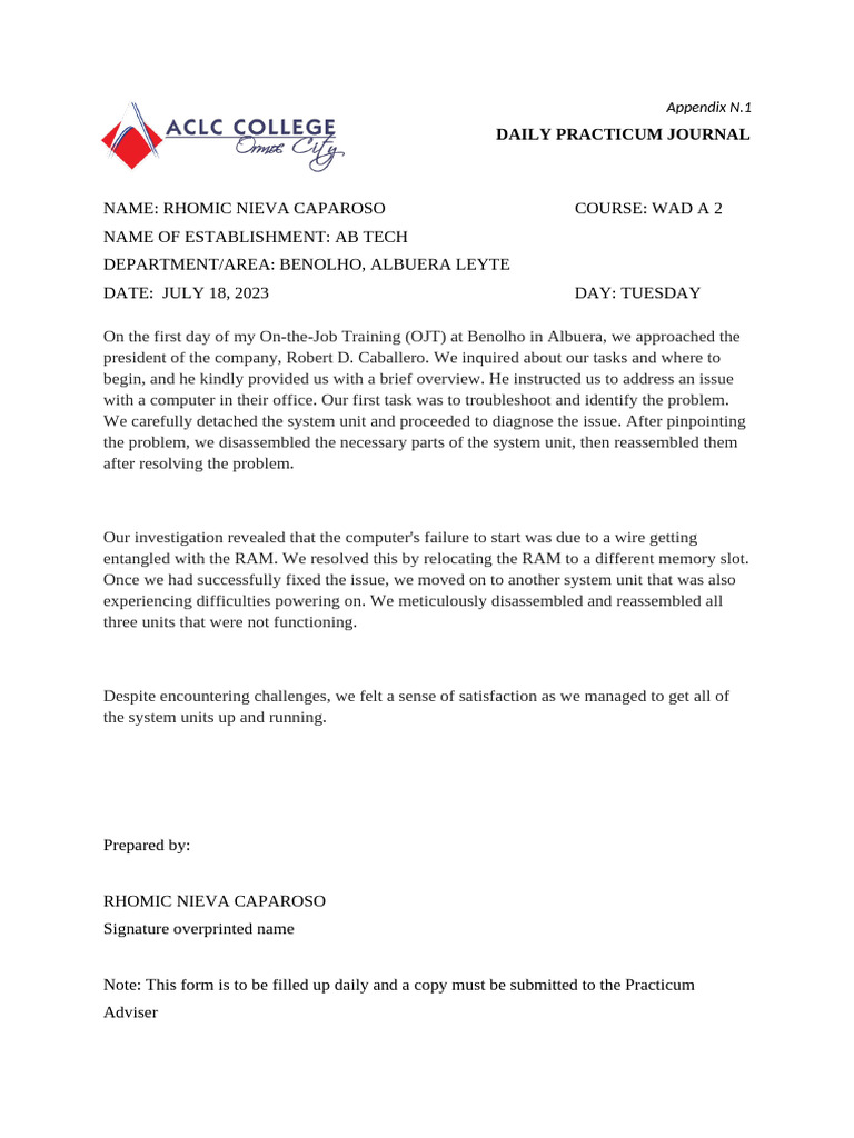 Ojt Daily Report Pdf