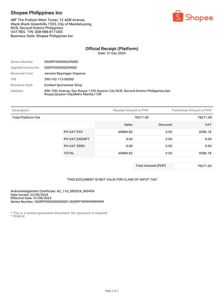 Official Receipt - IsORPF000006209082 | PDF