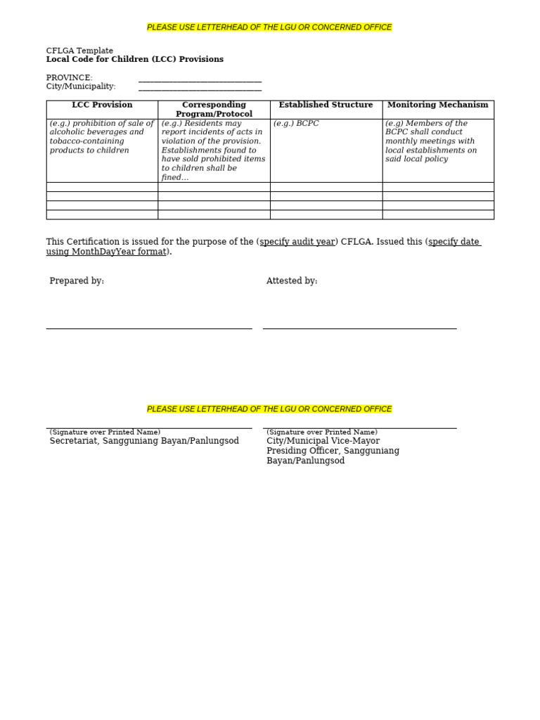 CFLGA Template - Local Code For Children Provisions | PDF