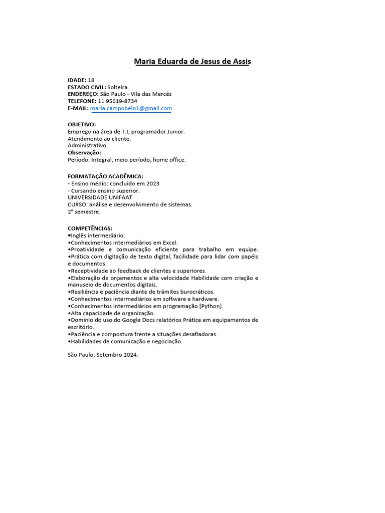 Currículo de Maria Eduarda - Programadora Júnior | PDF