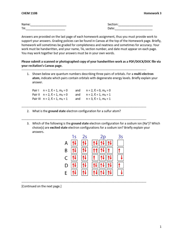 CHEM110B+ +homework+3 | PDF | Electron Configuration | Ion