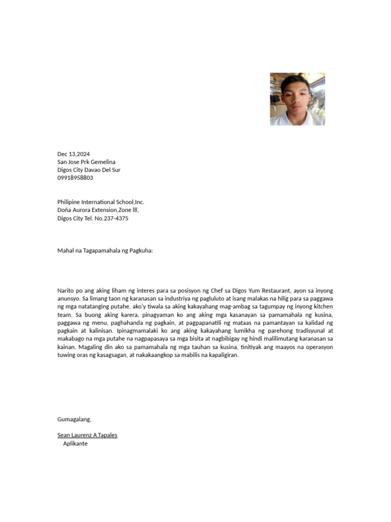 Tapales, Sean Application Letter Filipino | PDF