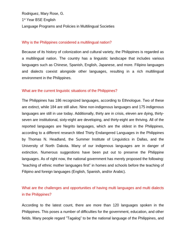 Multilingualism in the Philippines: Challenges | PDF | Philippines ...