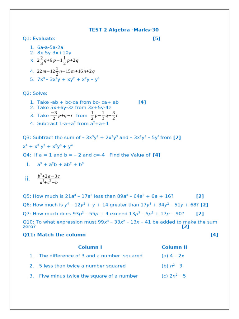 Class 8 Algebra Expressions Worksheet | PDF