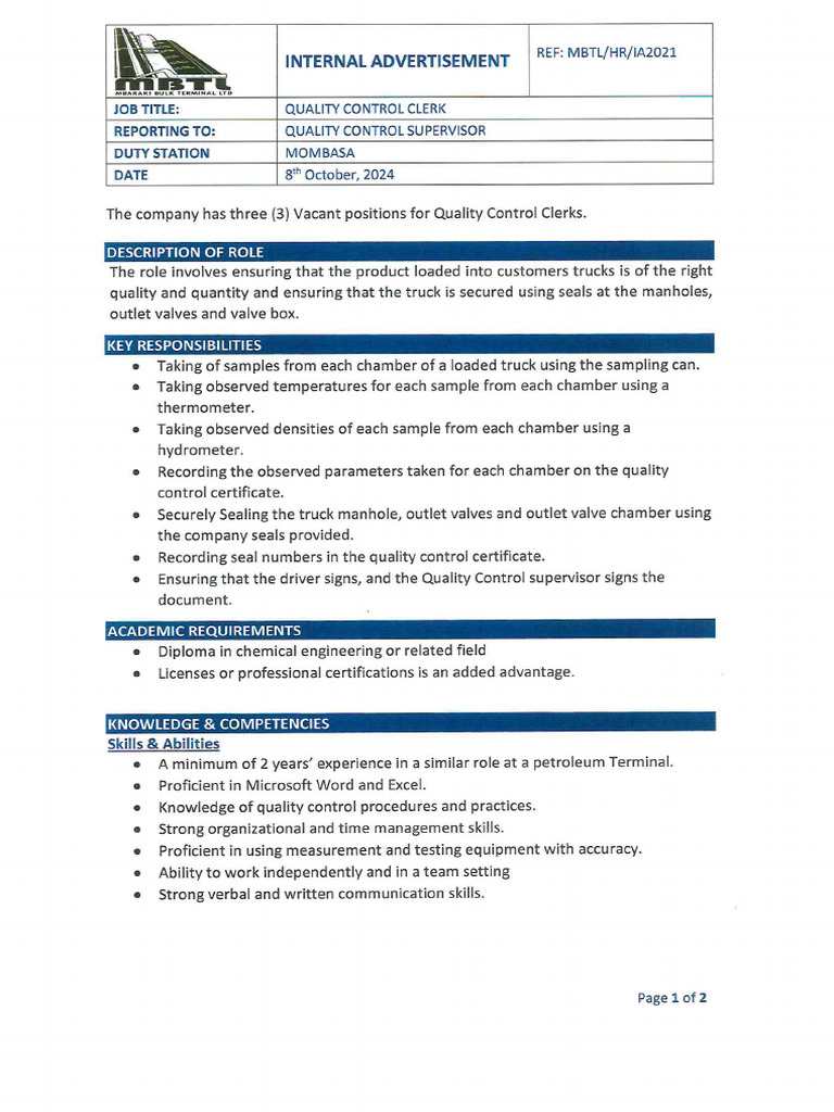 Quality Control Clerk Advert | PDF