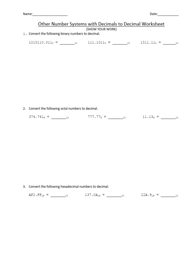 Other Number Systems with Decimals to Decimal Worksheet | PDF | Theory ...