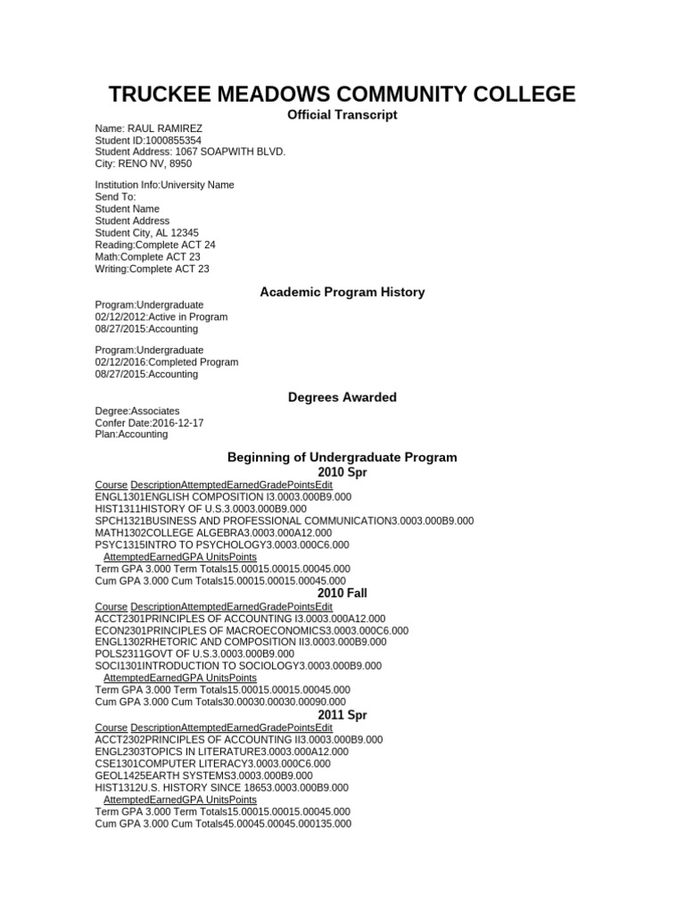 Truckee Meadows Community College Transcript | PDF | Evaluation Methods ...