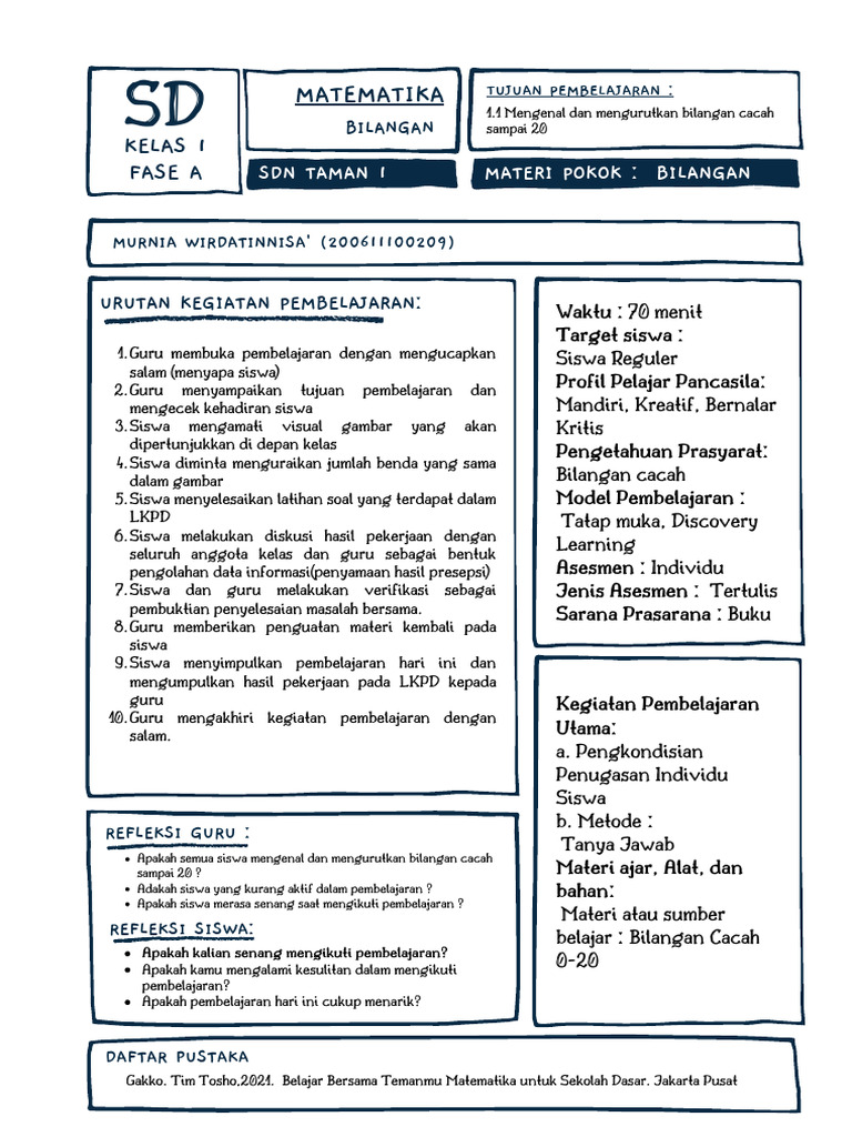 MODUL AJAR MTK KELAS 1 | PDF