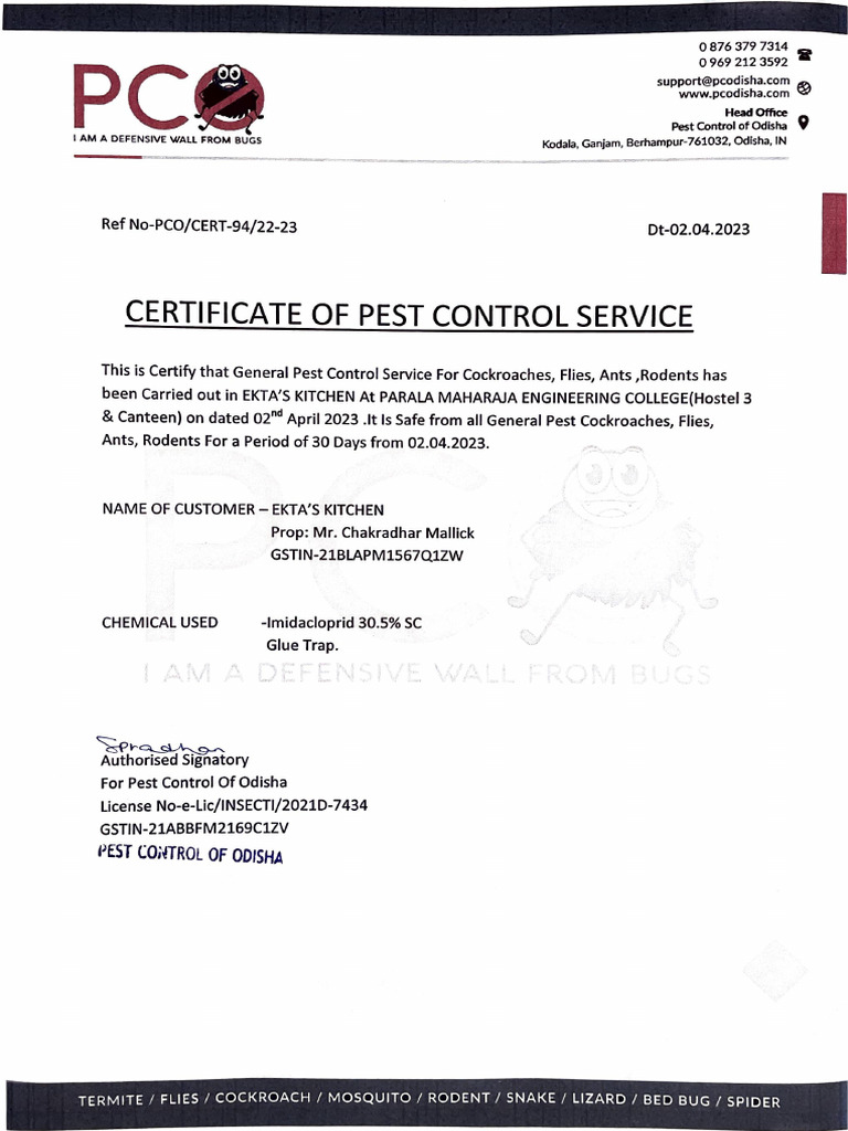 Pest Control Certificate for EKTA's Kitchen | PDF