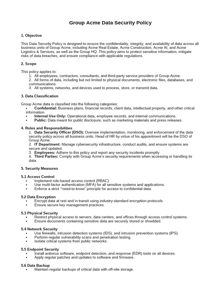 Group Acme Data Security Policy Overview | PDF | Security | Computer ...