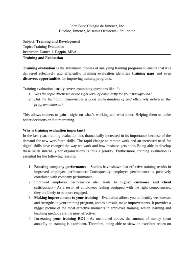 Training Evaluation Pdf Evaluation Return On Investment