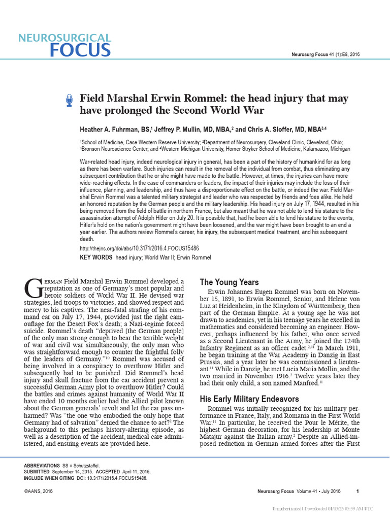 Rommel's Head Injury and WWII Impact | PDF | Erwin Rommel | Adolf Hitler
