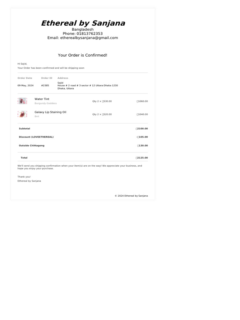 Order Confirmation from Ethereal by Sanjana | PDF