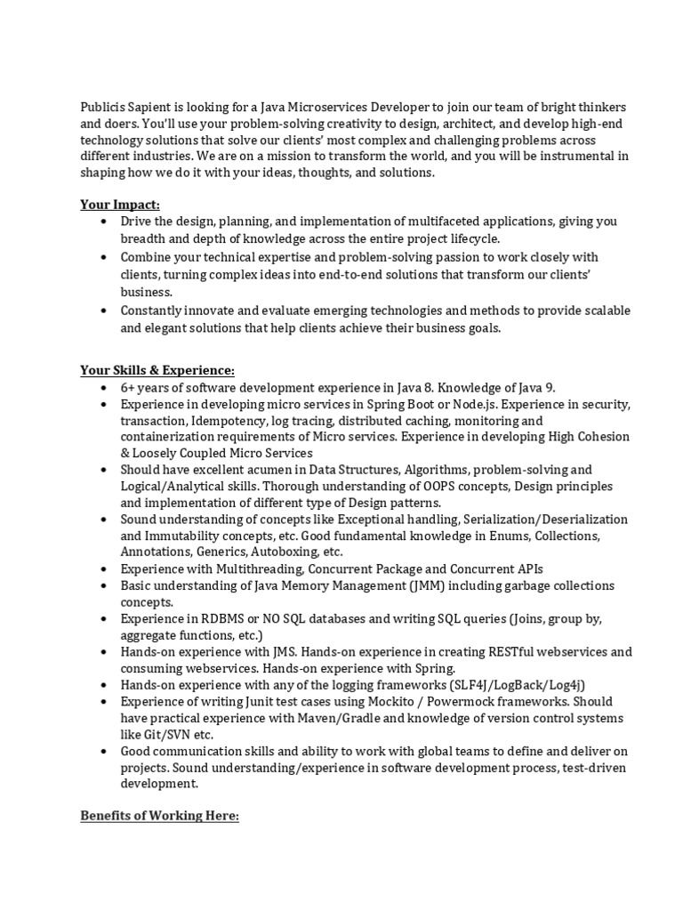 Java Microservices Developer Role at Publicis | PDF | Java (Programming ...
