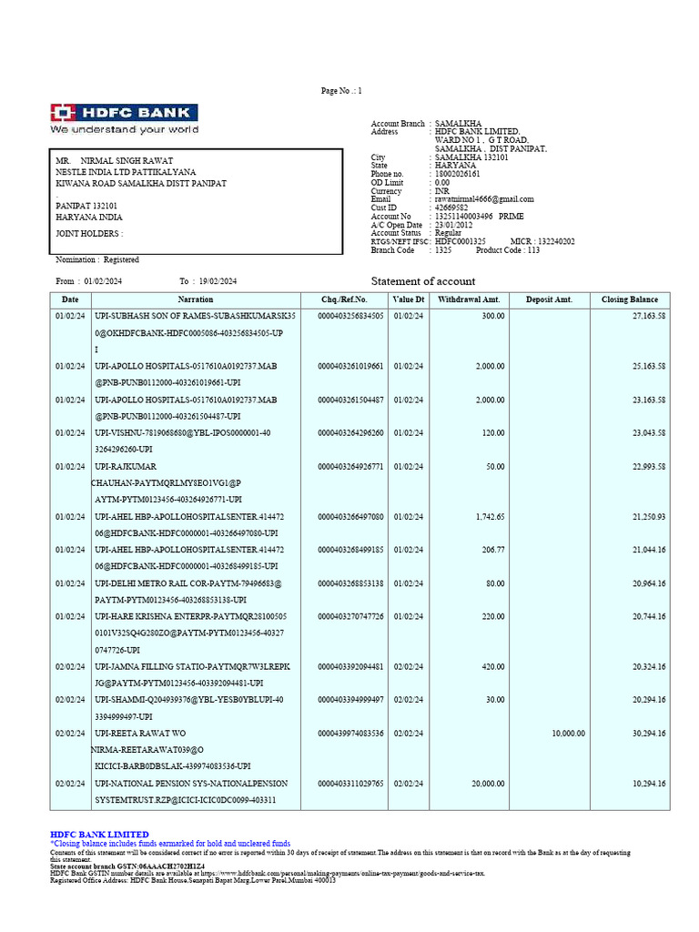 HDFC Bank Account Statement Summary | PDF | Financial Services ...