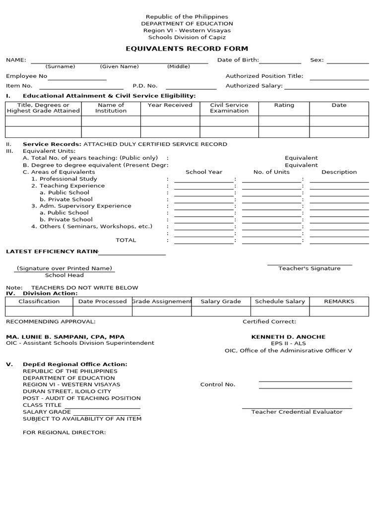 Teacher Equivalents Record Form | PDF | Teachers | Learning