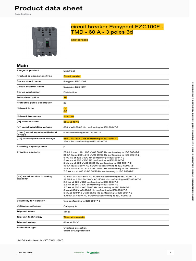 Easypact EZC100F Circuit Breaker 60A | PDF | Alternating Current ...