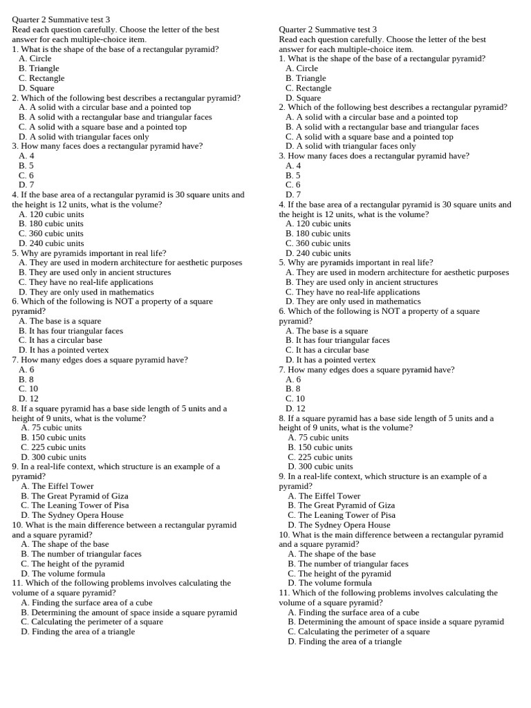 Q2 Pyramid Volume Test Questions | PDF | Area | Rectangle