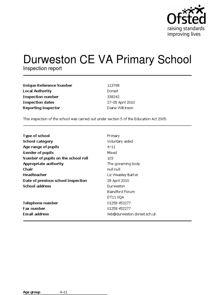 Durweston CE VA Primary School: Inspection Report | PDF | Leadership ...