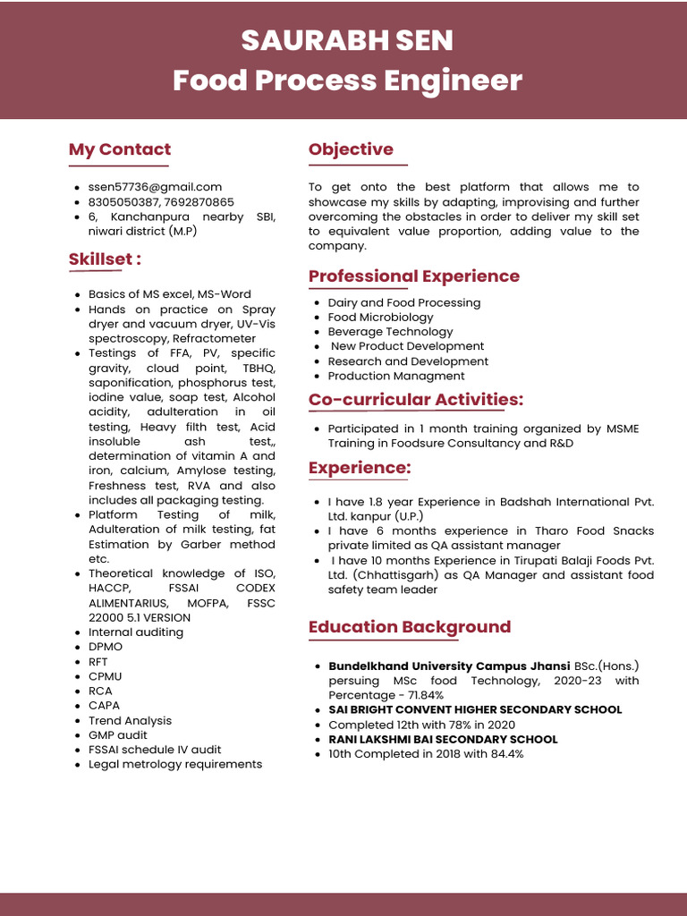 Saurabh Sen: Food Process Engineer Profile | PDF | Chemistry