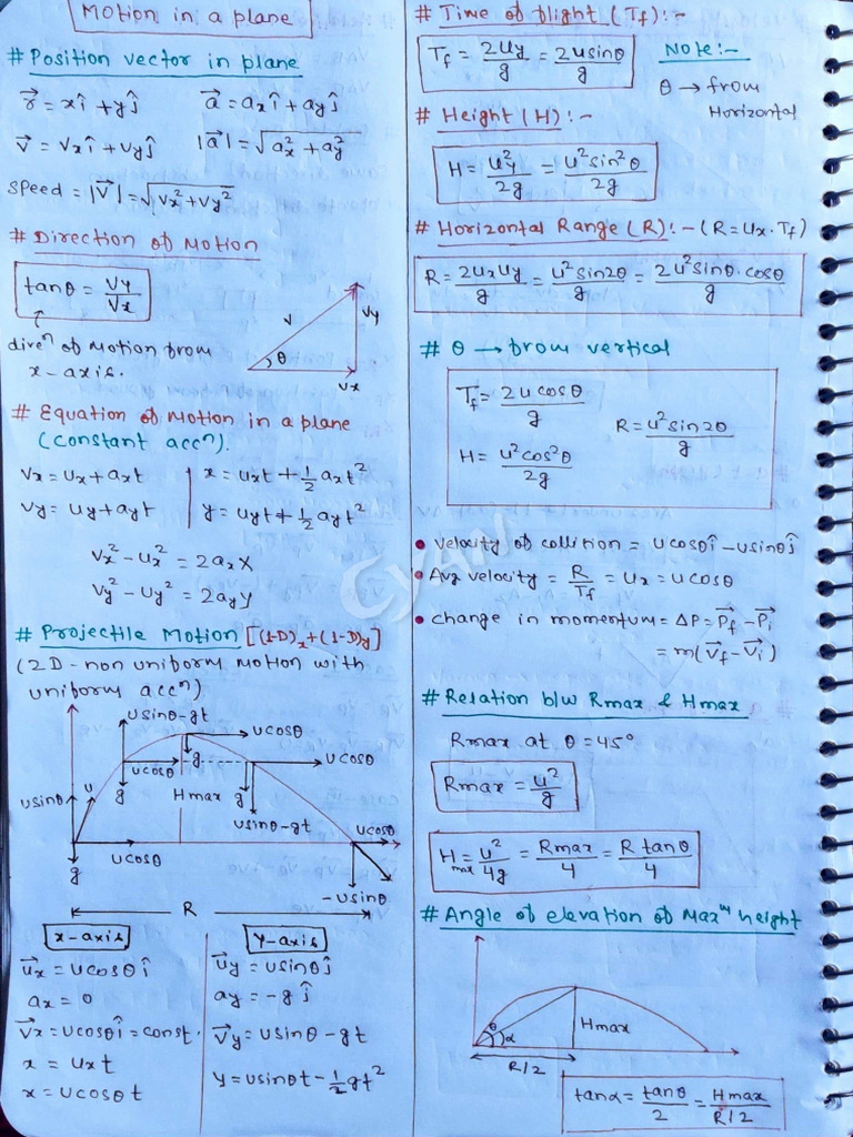 Motion in A Plane Short Notes | PDF