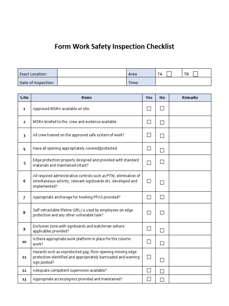 Formwork Safety Inspection Checklist | PDF