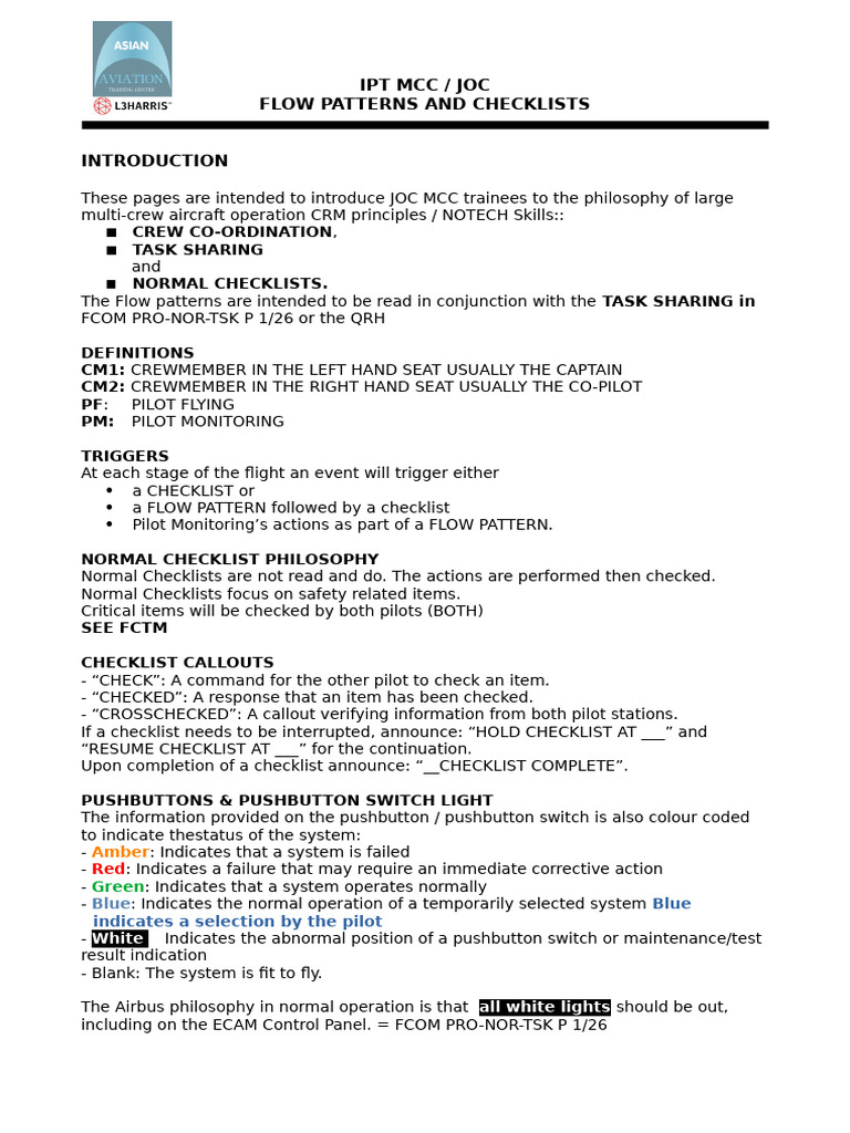 JOC MCC Flow Patterns & Checklists Guide | PDF | Airliner | Airliner ...