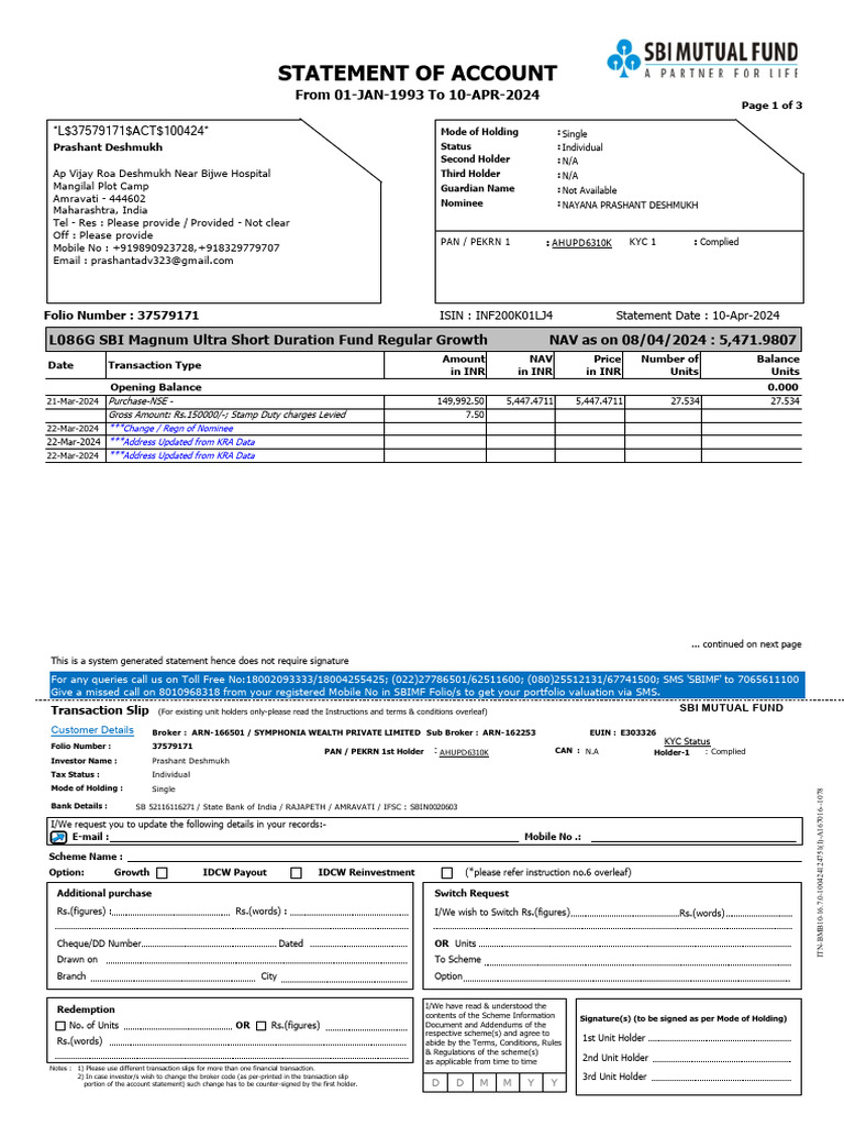 SBI Magnum Ultra Short Fund Statement | PDF | Banks | Cheque