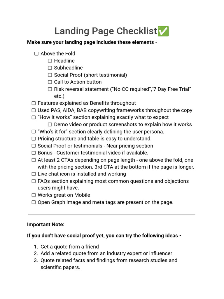 Landing Page Checklist Pdf