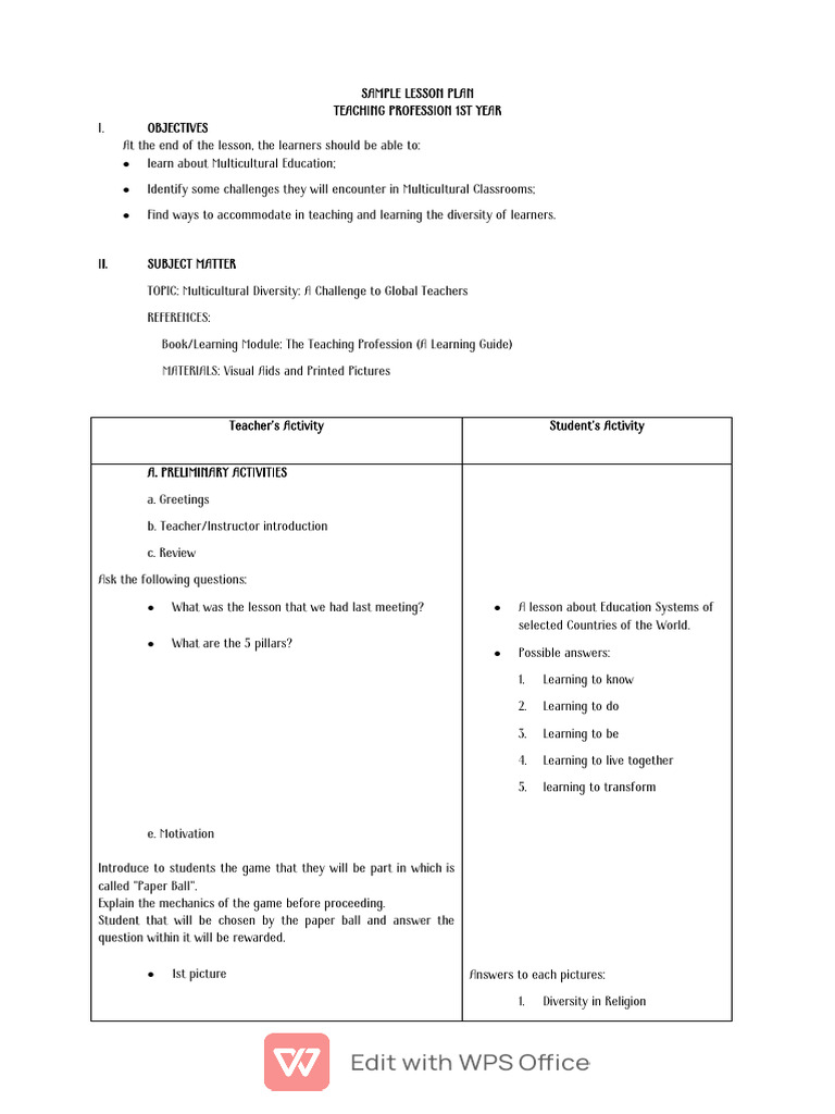 Multicultural Education Lesson Plan | PDF | Teachers | Lesson Plan